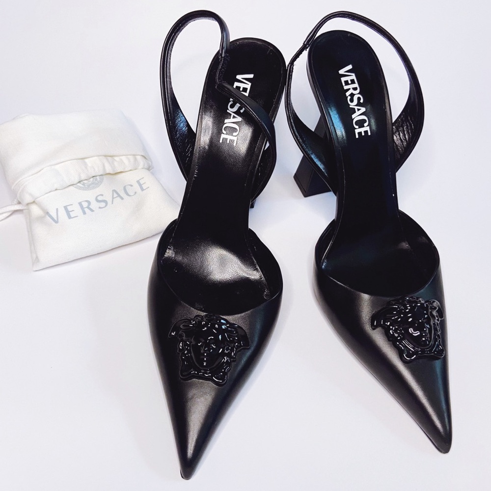 Versace Black Slingback Pointed Toe Heels with Medusa Chain - Picture 7 of 17